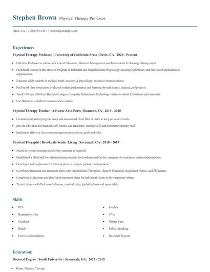 Physical Therapy Professor Resume