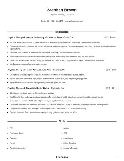 Physical Therapy Professor Resume