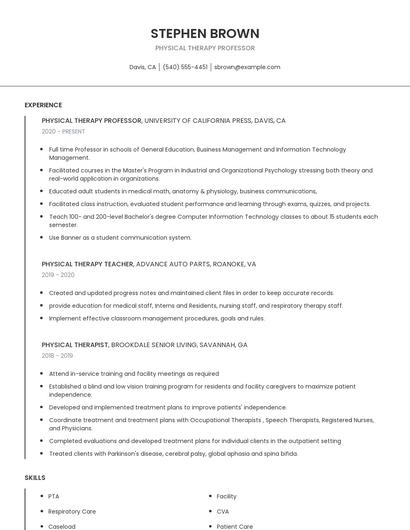 Physical Therapy Professor Resume