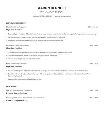 Physician, President Resume