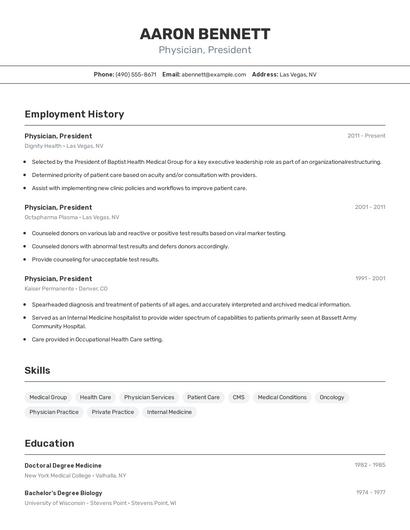 Physician, President Resume