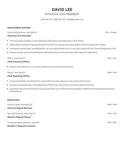 Physician, Vice President Resume