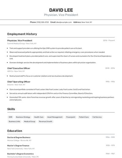 Physician, Vice President Resume