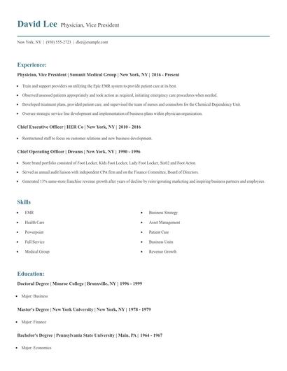 Physician, Vice President Resume