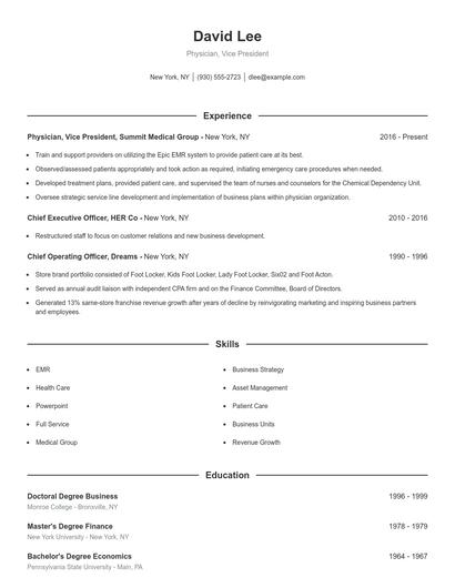 Physician, Vice President Resume