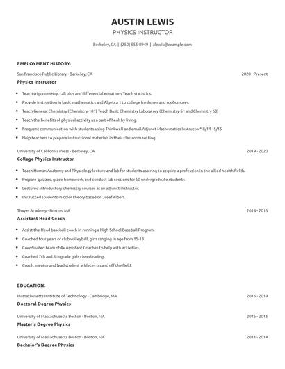 Physics Instructor Resume