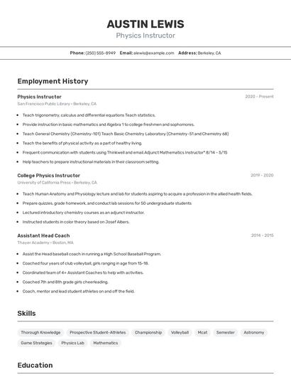 Physics Instructor Resume