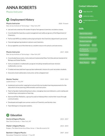Physics Instructor Resume