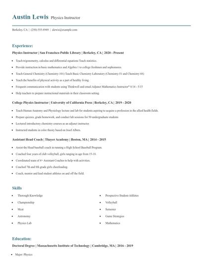 Physics Instructor Resume