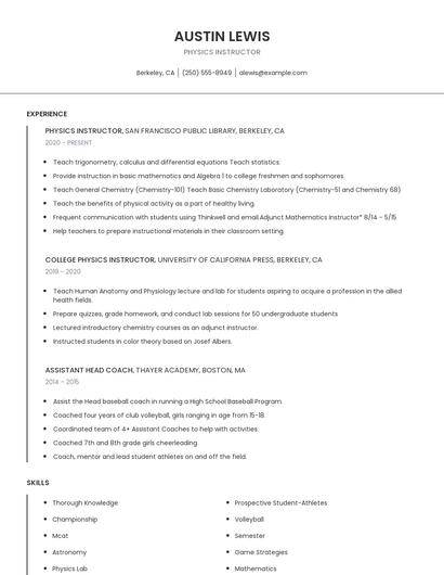 Physics Instructor Resume