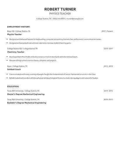 Physics Teacher Resume