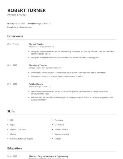 Physics Teacher Resume