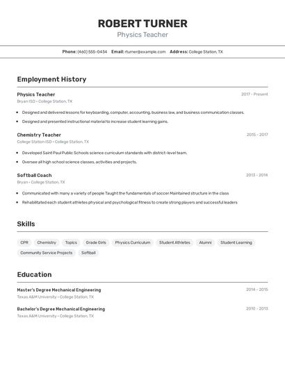 Physics Teacher Resume