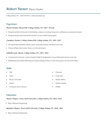 Physics Teacher Resume