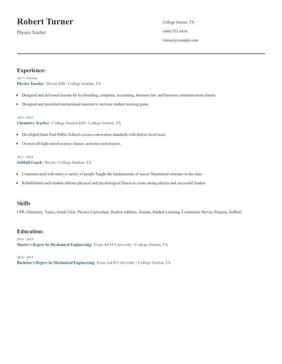 Physics Teacher Resume