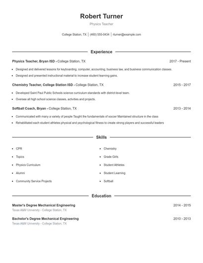 Physics Teacher Resume