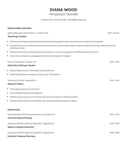 Physiology Teacher Resume