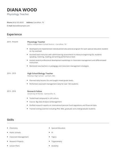 Physiology Teacher Resume