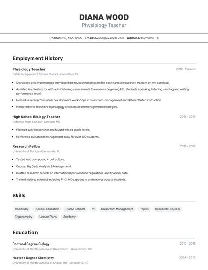 Physiology Teacher Resume