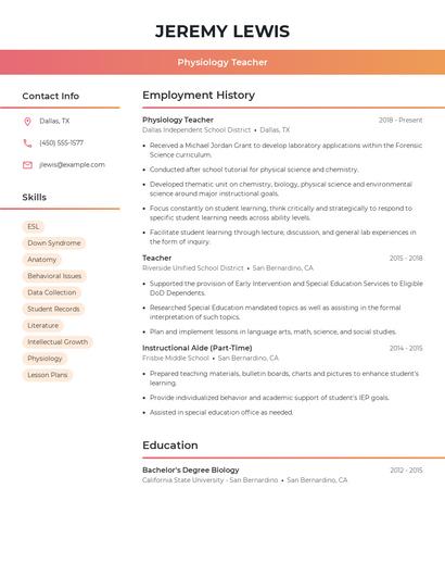 Physiology Teacher Resume
