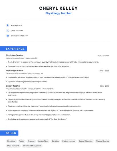 Physiology Teacher Resume