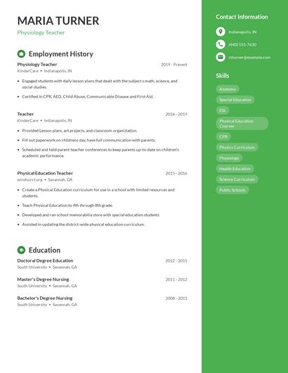 Physiology Teacher Resume