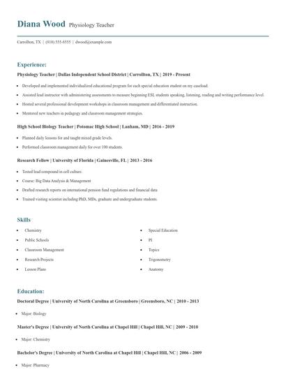 Physiology Teacher Resume
