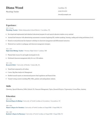Physiology Teacher Resume