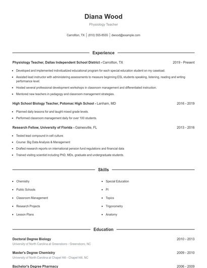 Physiology Teacher Resume