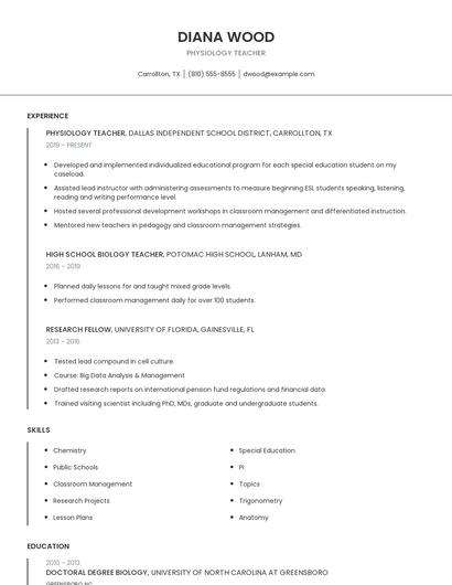 Physiology Teacher Resume
