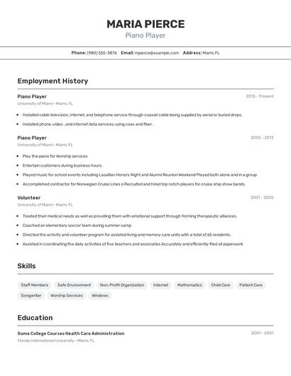 Piano Player Resume