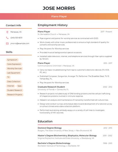 Piano Player Resume