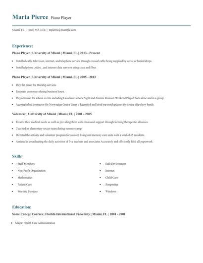 Piano Player Resume