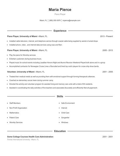 Piano Player Resume