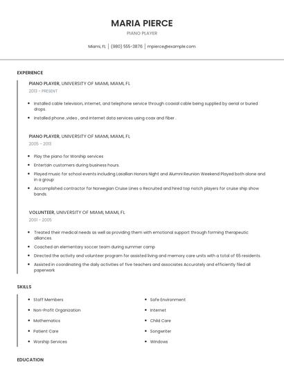 Piano Player Resume