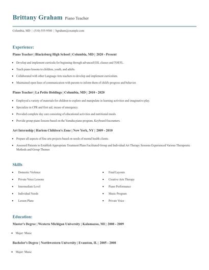 Piano Teacher Resume