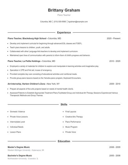 Piano Teacher Resume