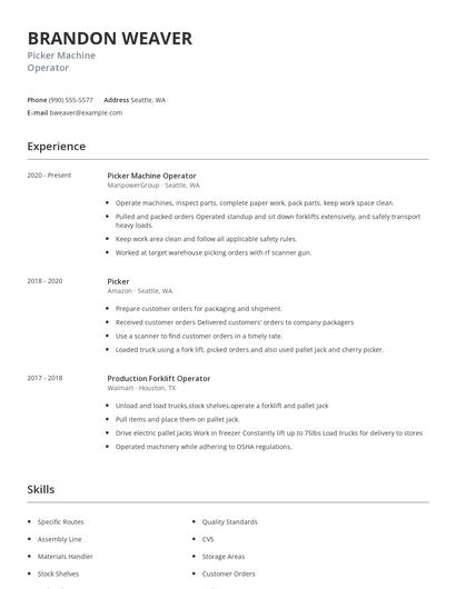Picker Machine Operator Resume