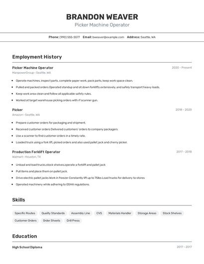 Picker Machine Operator Resume
