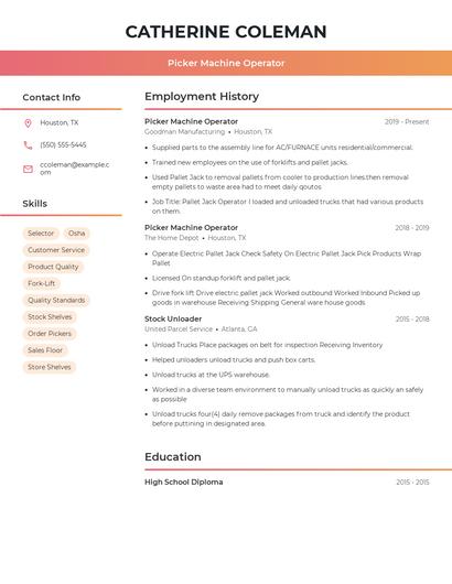 Picker Machine Operator Resume