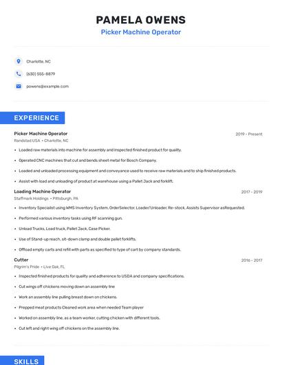 Picker Machine Operator Resume