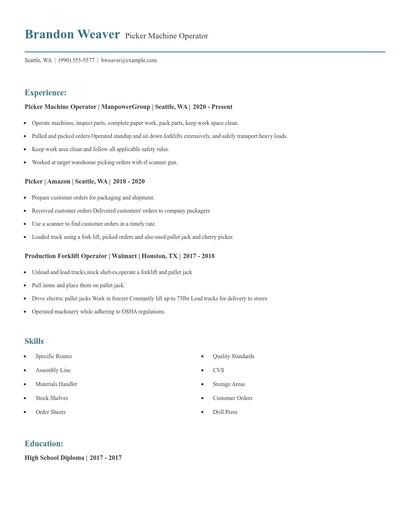 Picker Machine Operator Resume
