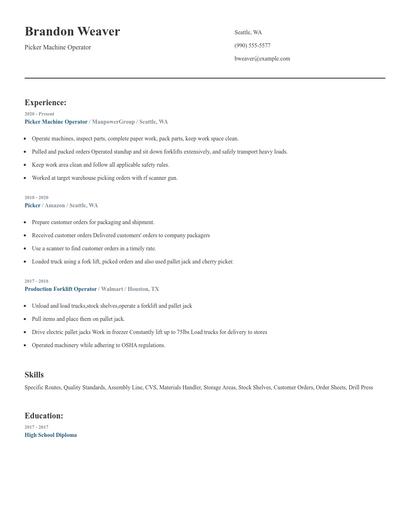 Picker Machine Operator Resume