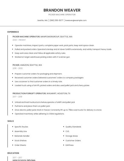 Picker Machine Operator Resume