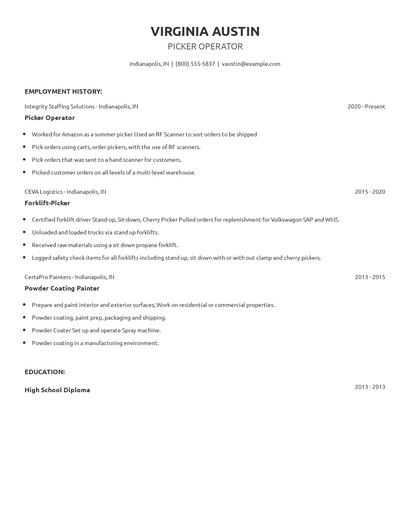 Picker Operator Resume