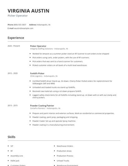Picker Operator Resume