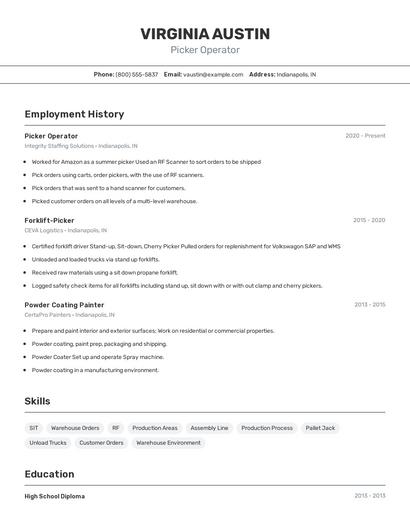 Picker Operator Resume