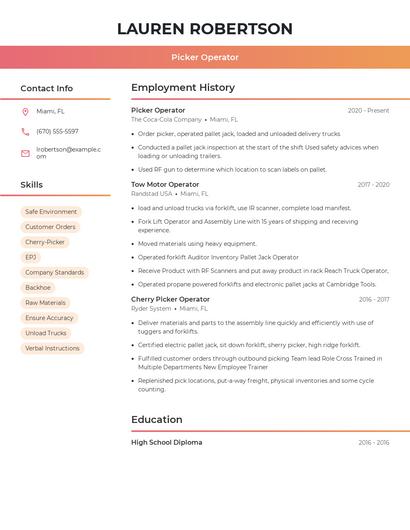 Picker Operator Resume