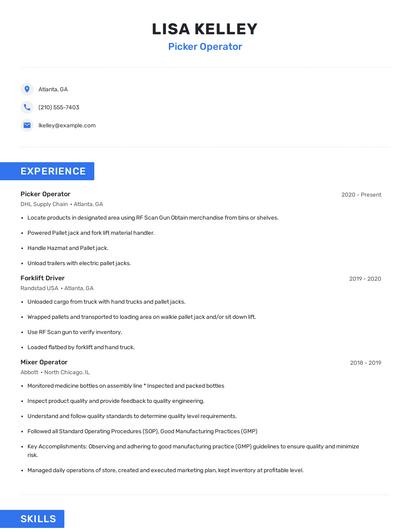 Picker Operator Resume