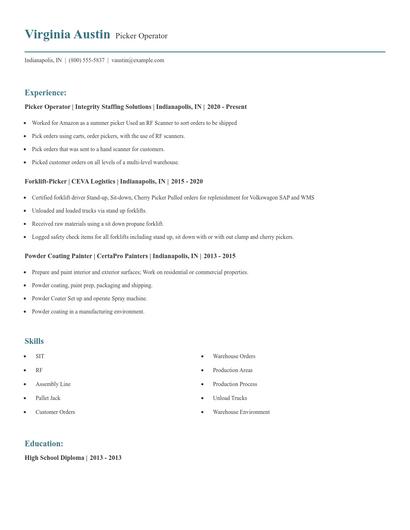 Picker Operator Resume
